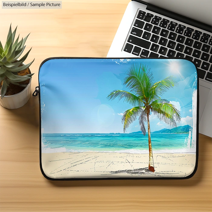 Laptop sleeve with palm tree beach design on wooden desk beside a laptop and small plant.