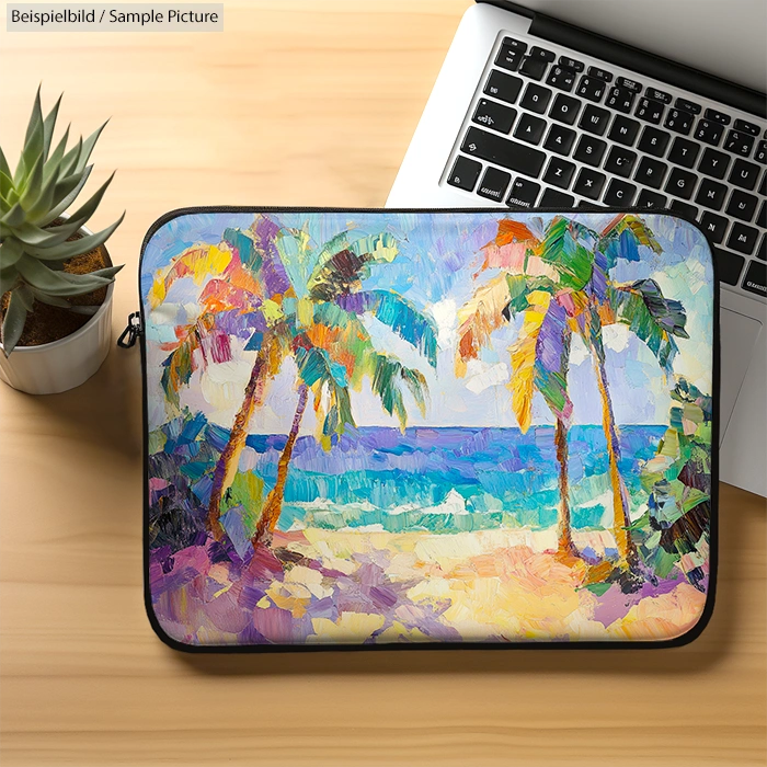 Colorful laptop sleeve with a tropical palm tree beach design beside an open laptop on a wooden table.