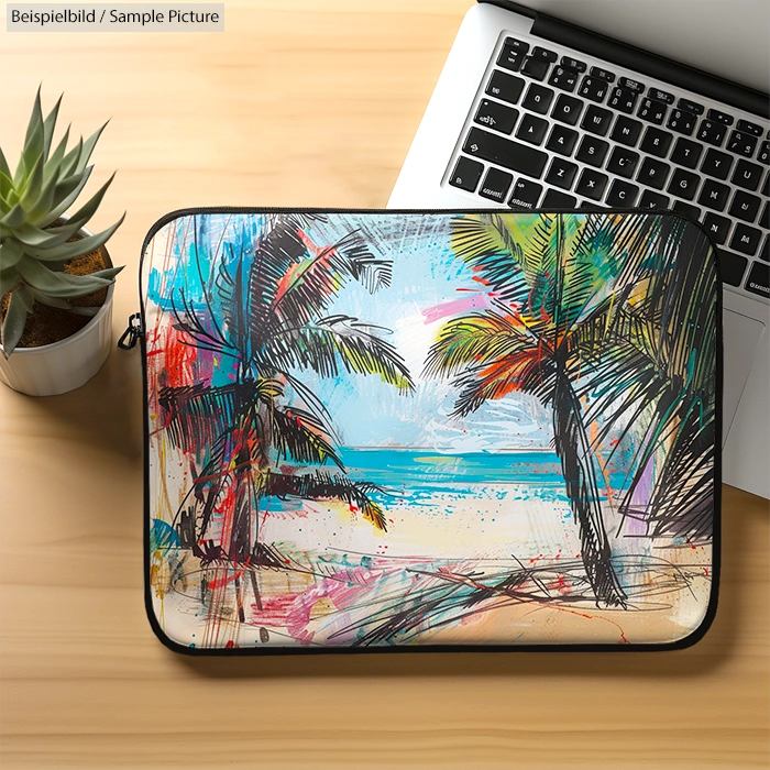 Laptop sleeve with tropical beach illustration near a laptop and plant.