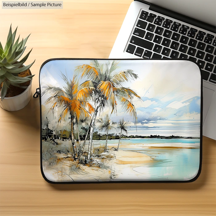 Laptop sleeve featuring a beach scene with palm trees next to a laptop and small plant on a desk.