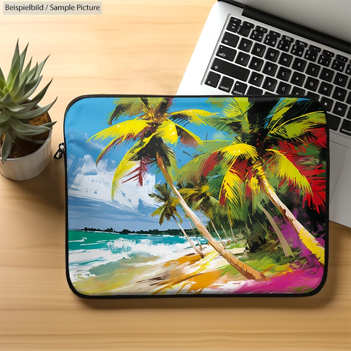 Laptop cover with colorful palm tree beach design on desk next to a laptop and potted succulent.