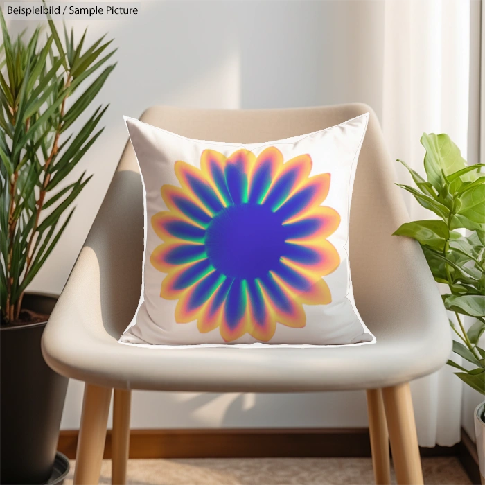 Colorful flower design pillow on a chair next to green plants, in a bright, sunlit room.