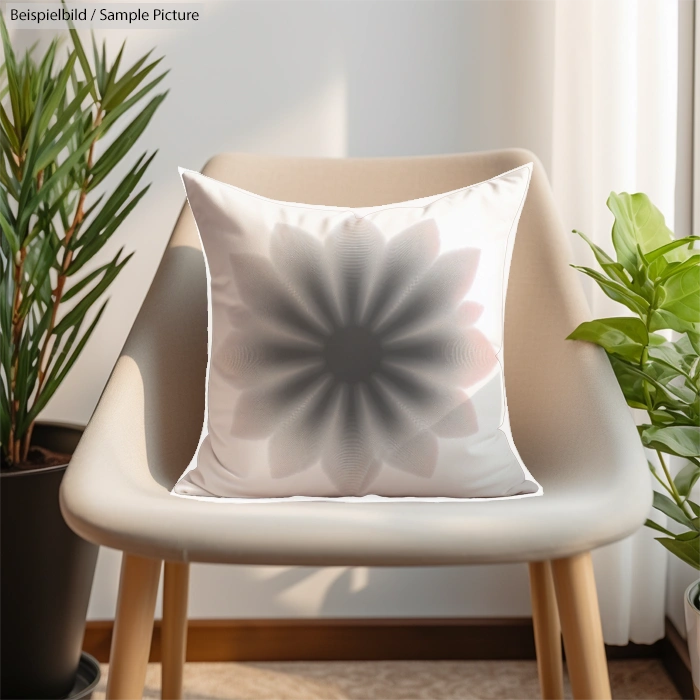 Cushion with abstract flower design on chair, flanked by potted plants.