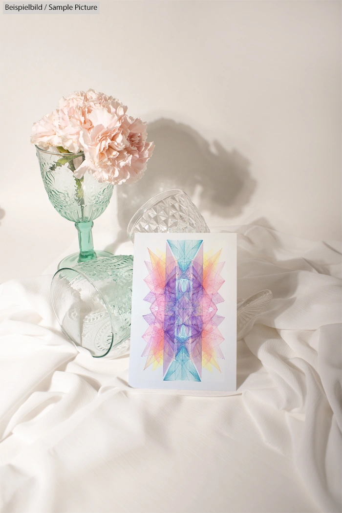 Geometric art print with pastel pinks and purples, next to delicate pink flowers in glass vases with soft lighting.