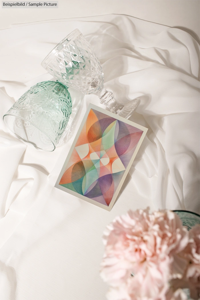 Colorful geometric art on a white backdrop with green glassware and pink carnation flowers.
