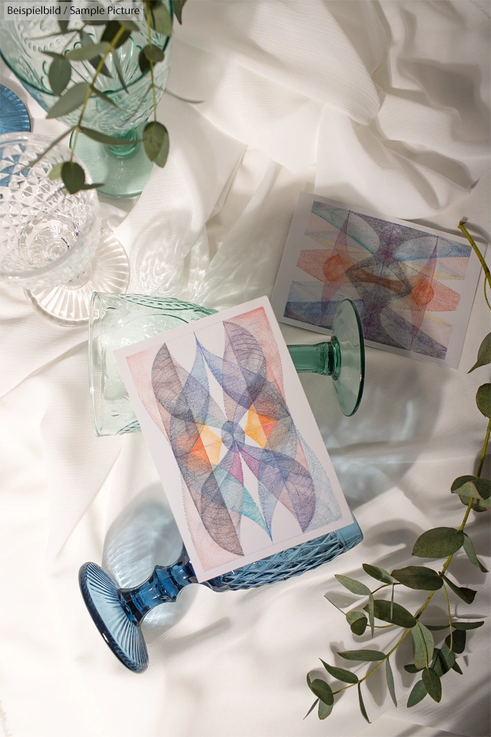 Abstract geometric art with multicolored shapes, placed on clear blue glassware against white fabric and eucalyptus leaves.
