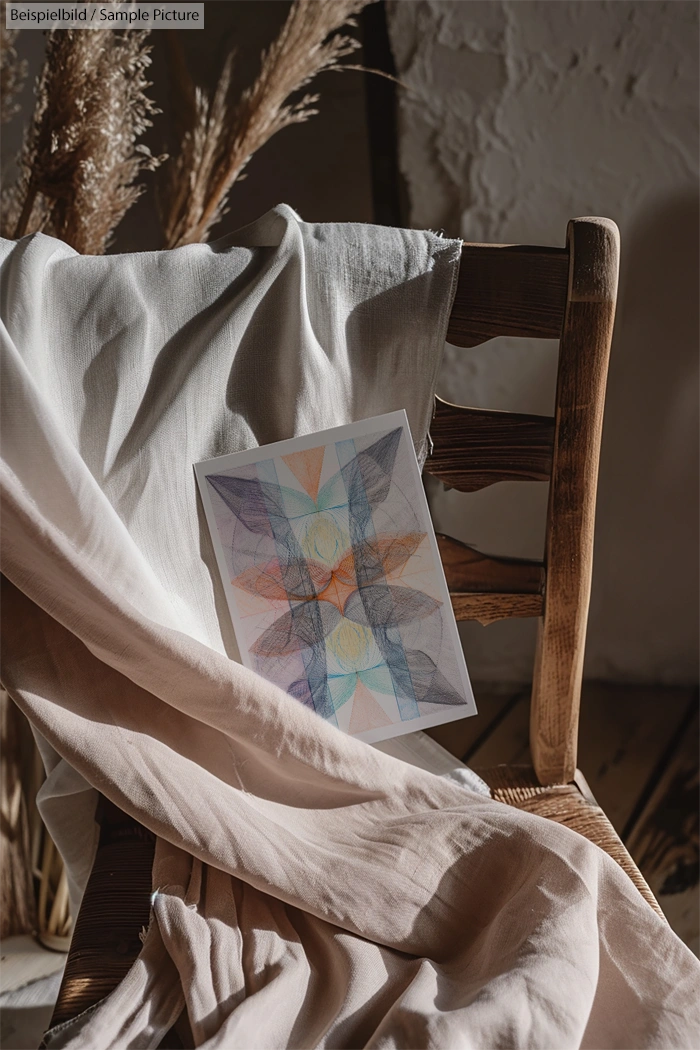 Artistic abstract drawing on a rustic wooden chair draped with white and beige fabric, under soft natural light.
