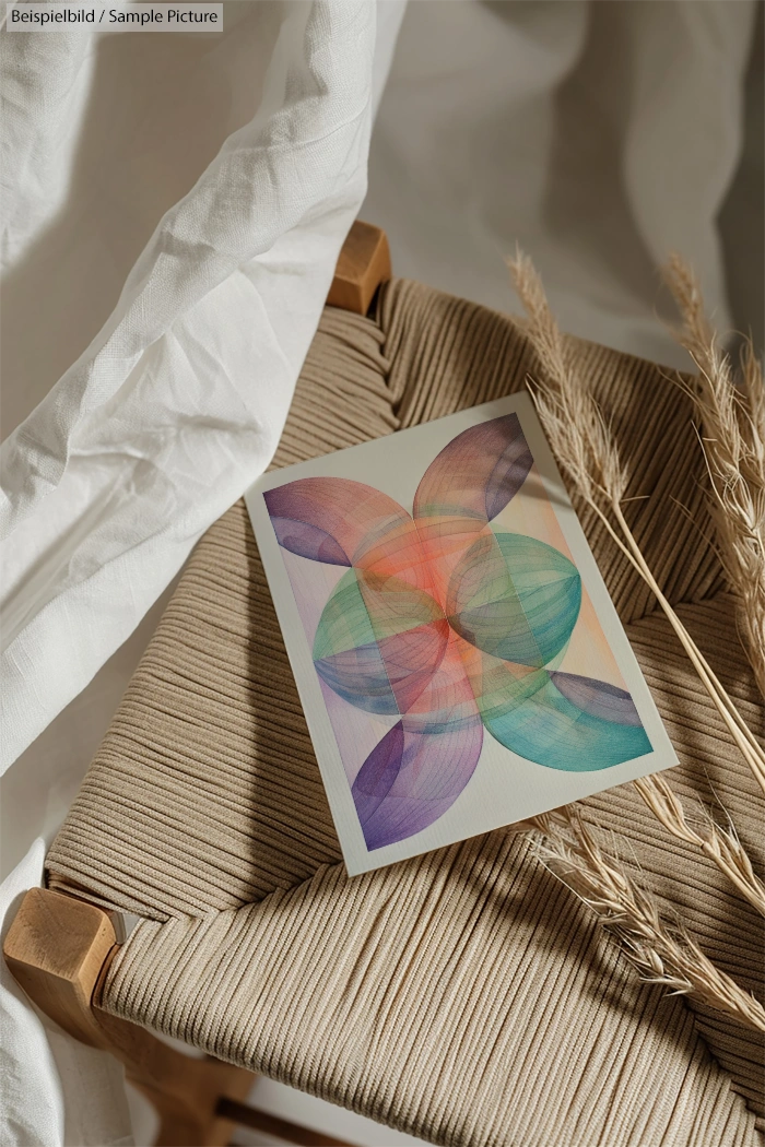 Colorful abstract artwork on a textured chair, surrounded by soft fabric and dry grasses.