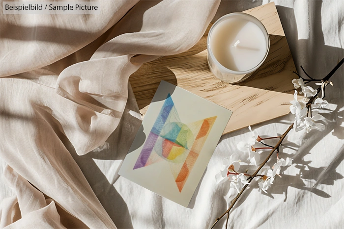 Soft setting with candle, art print, beige fabric, and white flowers on a wooden board.