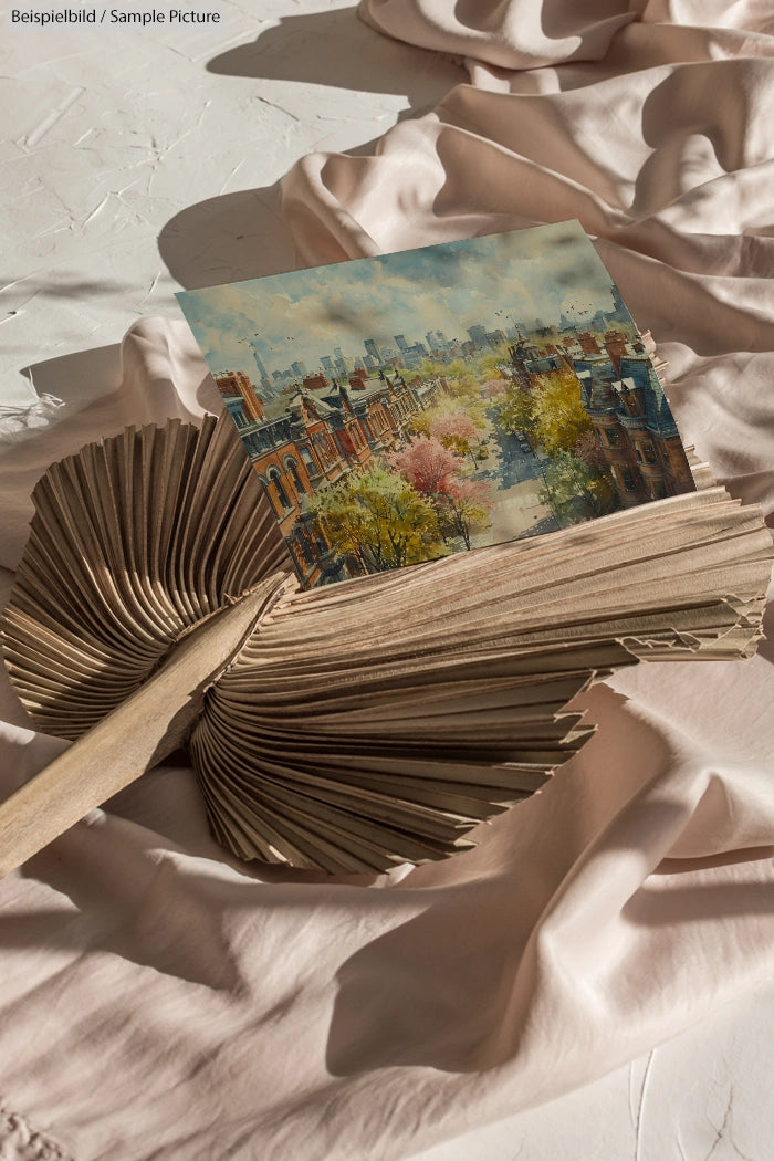 Painting of a cityscape with autumn trees on a wooden leaf, placed on a draped fabric background.