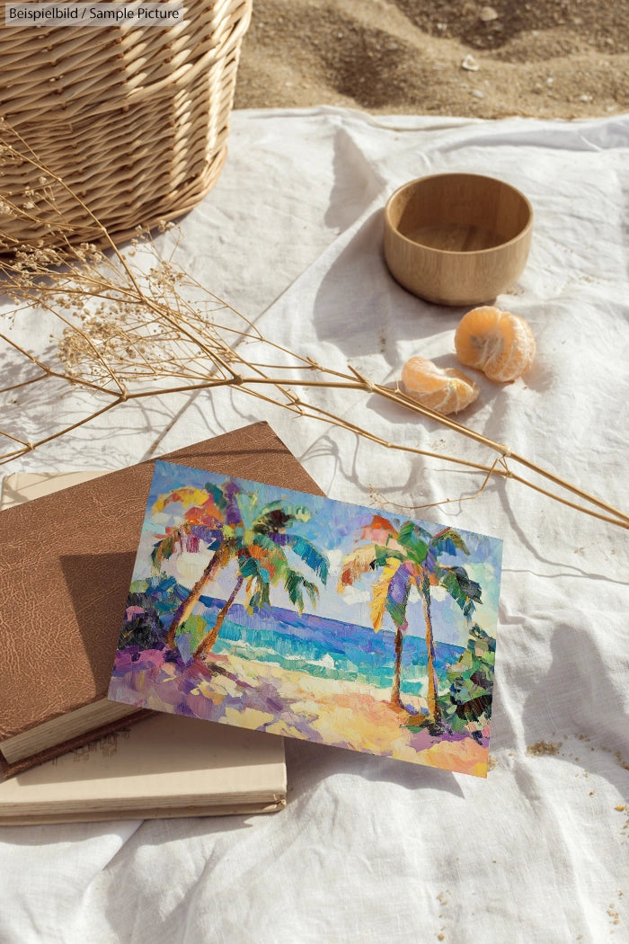 Tropical beach painting on cloth with books, wicker basket, dried plants, and peeled mandarin on a sandy surface.