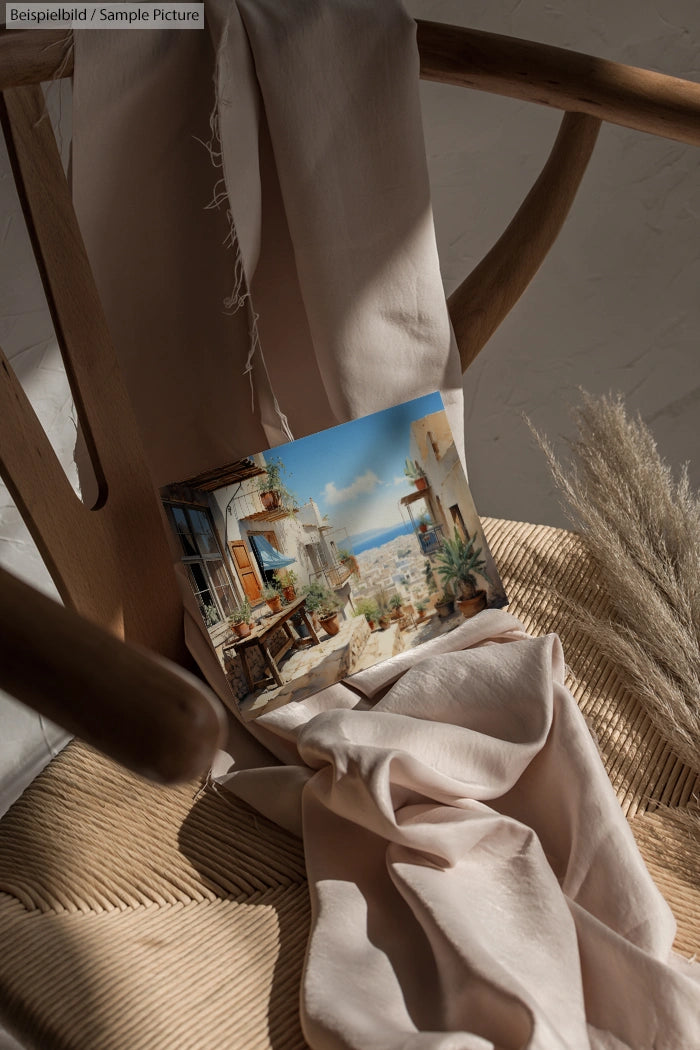 Coastal town painting on chair with beige fabric and dried plants, sunlight casting shadows in rustic setting.