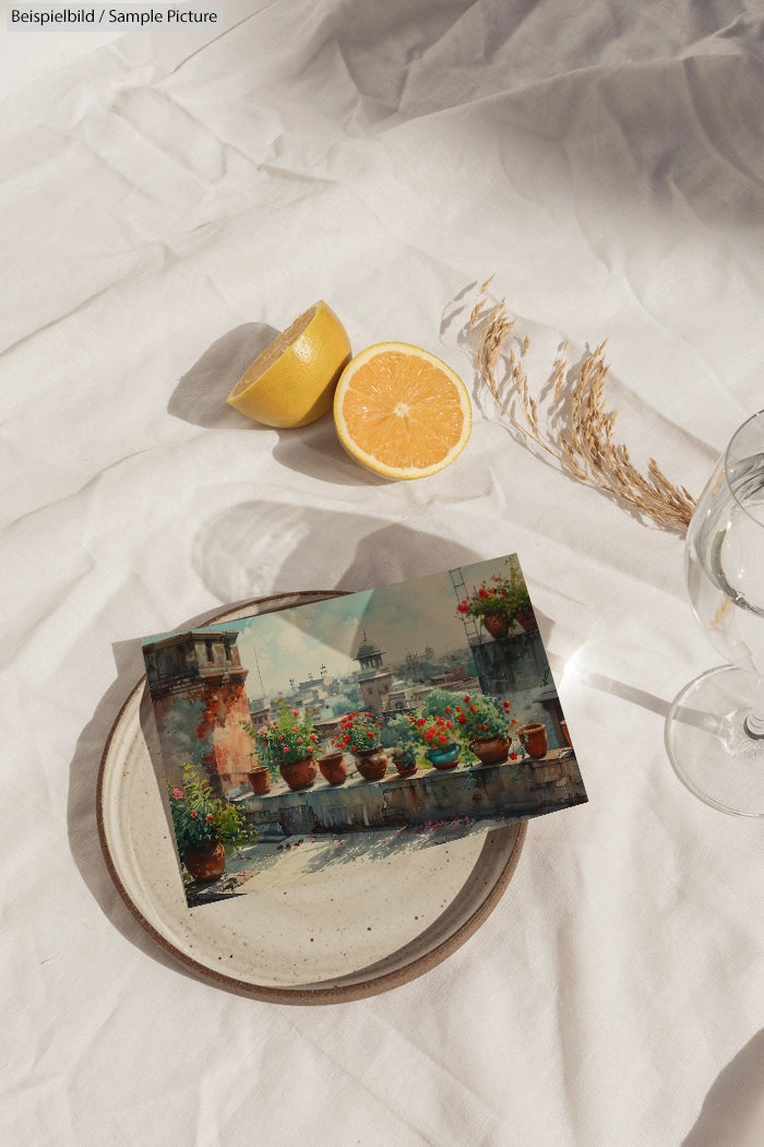 Canvas painting of a Mediterranean terrace with flowers, placed on a plate with a cut lemon, on a white fabric backdrop.