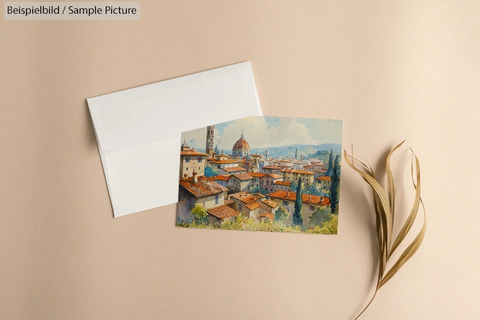 Blank card next to colorful postcard of a cityscape with terracotta roofs on a beige background, with dried leaves.