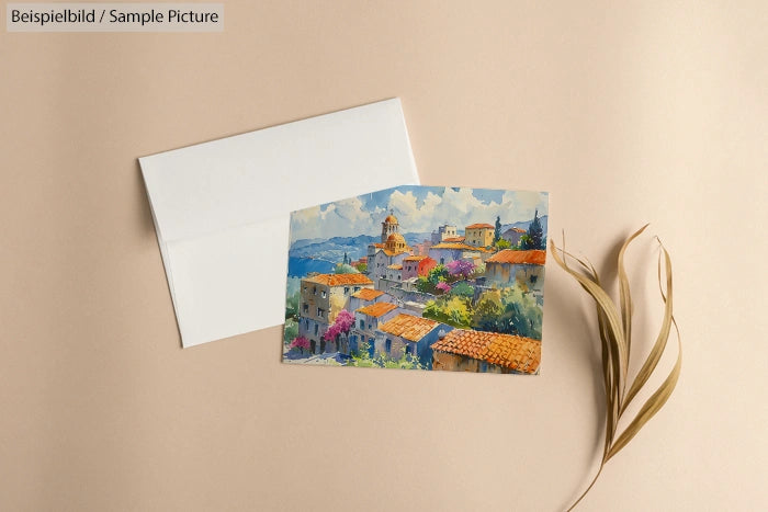 Colorful postcard depicting a picturesque Mediterranean village, beside a blank envelope on a beige background.