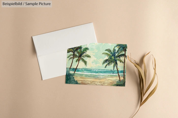 Postcard with beach scene and palm trees beside an open envelope on a beige surface with decorative plant.
