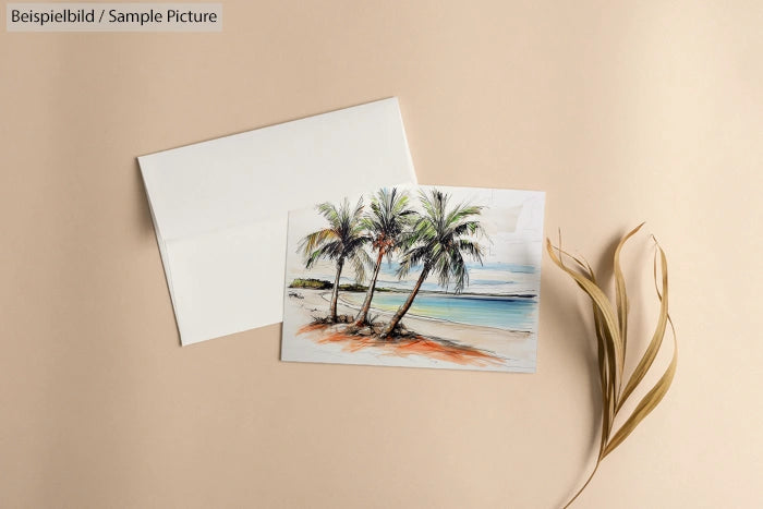 A greeting card with a palm tree beach illustration on a beige surface next to a dried leaf and white envelope.