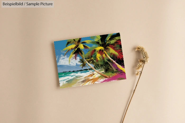 Tropical beach painting with palm trees and ocean on a beige background next to a small dried plant.