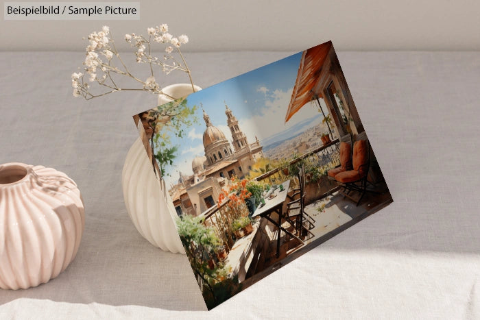 Digital painting of a cozy balcony overlooking a cityscape with a cathedral, surrounded by flowers and patio furniture.