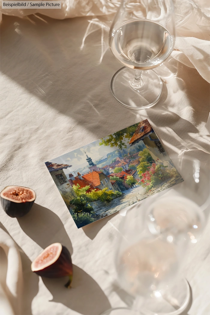 Postcard with a landscape painting on a white cloth, surrounded by wine glasses and sliced figs.
