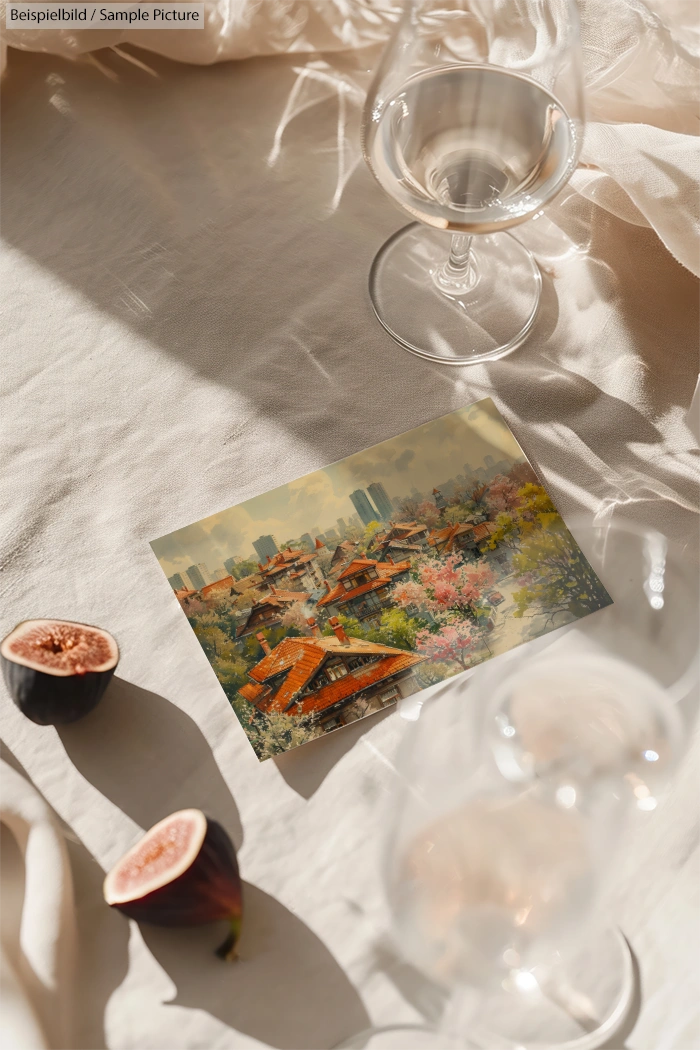 Postcard with cityscape on table with wine glasses and halved figs in soft sunlight.