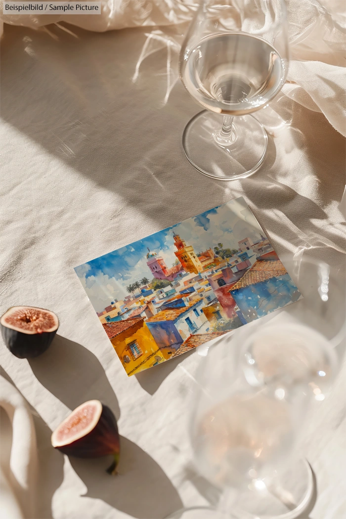 Postcard of colorful cityscape on table with two fig halves and empty wine glasses in sunlight.