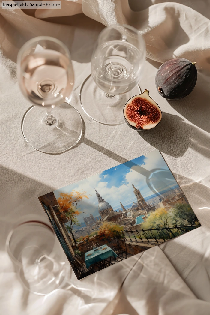 Wine glasses, fig, and photo of cityscape with dome and spires on white fabric background with light and shadow.