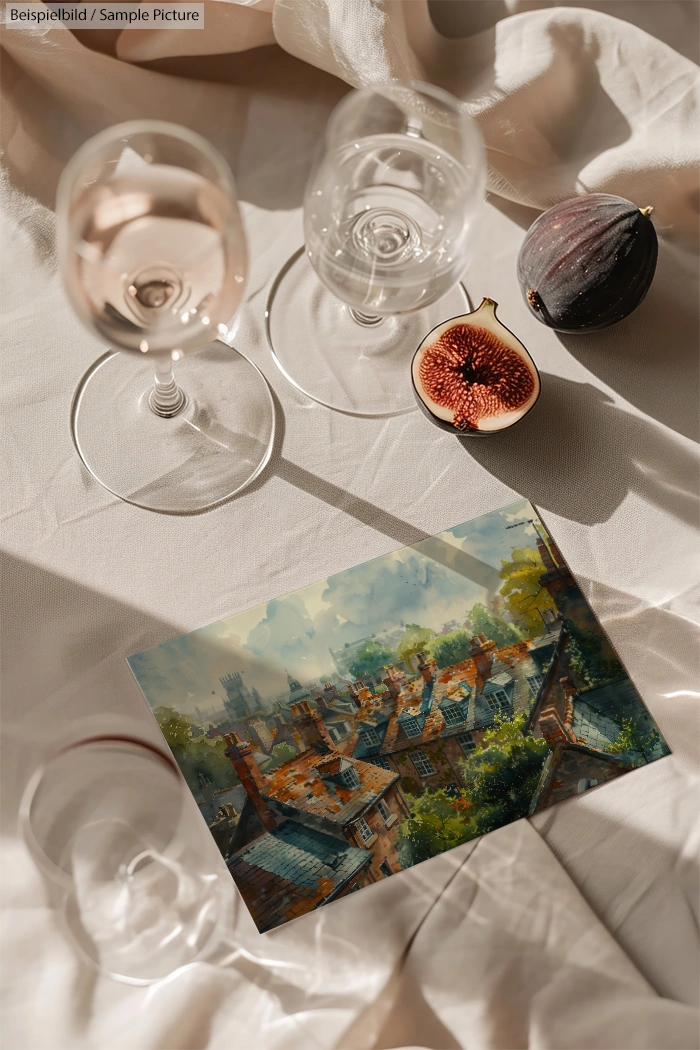 Two wine glasses, figs, and a scenic village postcard on a sunlit fabric surface.