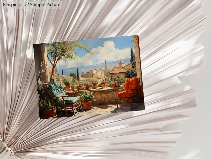 Photo of a sunlit terrace with chairs, potted plants, and a scenic town view, overlaid on a textured white background.
