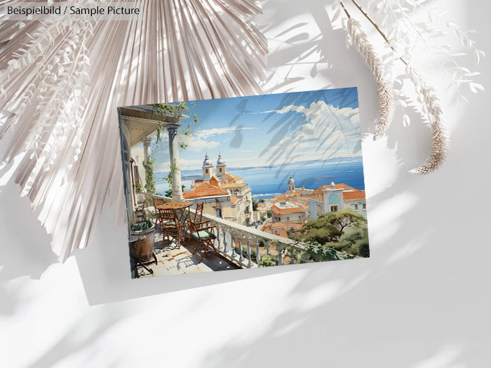 Scenic coastal town view from a balcony with a table and chairs, overlooking the ocean and rooftops under a clear sky.