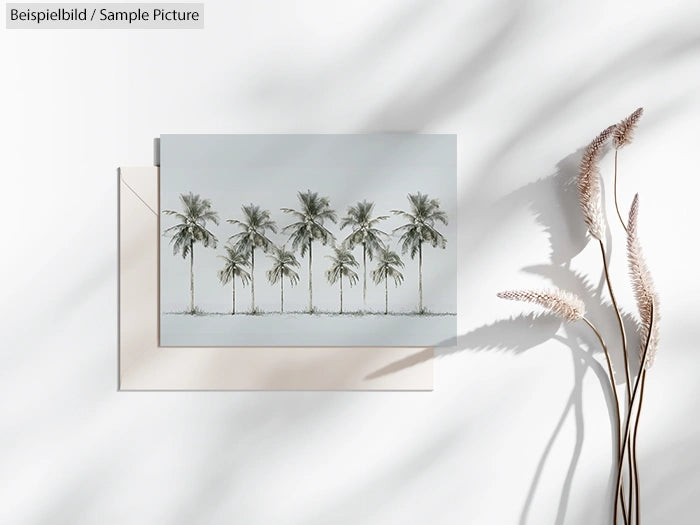 Minimalistic art of palm trees on a canvas against a wall, with dried plants casting shadows.