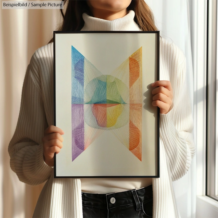 Person holding abstract art with multicolored geometric shapes in a black frame.