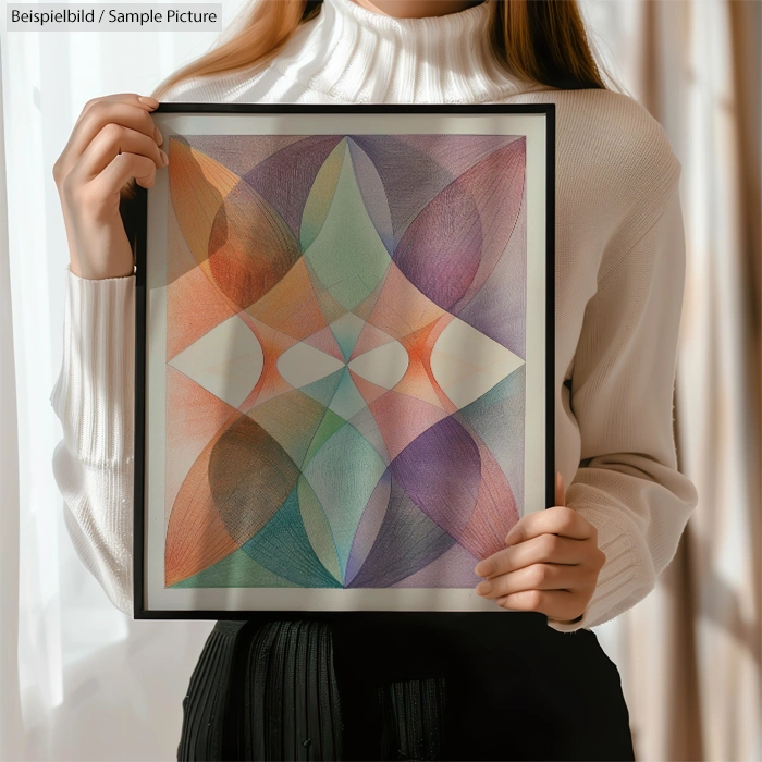 Person holding geometric abstract artwork with colorful overlapping shapes, against a white turtleneck sweater background.
