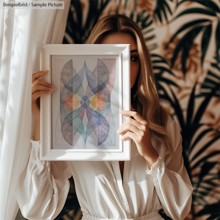 Woman in white dress holding a framed abstract artwork with vibrant colors, standing against a tropical wallpaper backdrop.