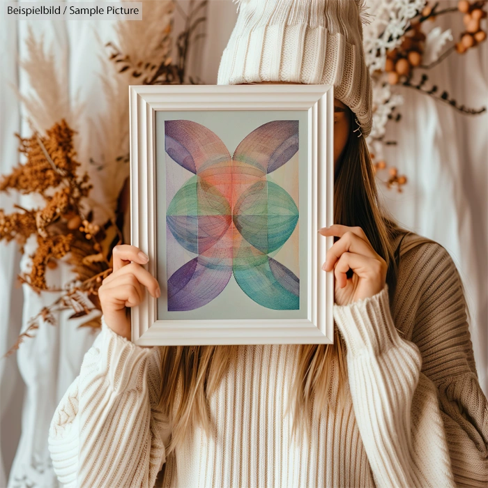 Person in cozy sweater and hat holding a framed abstract art with colorful geometric shapes, autumn decor background.