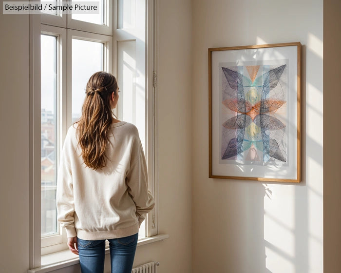 Woman looks at framed abstract artwork with geometric patterns and colorful intersecting lines on a wall.