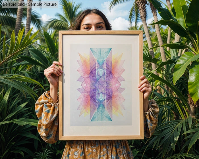 Woman holding colorful abstract artwork against a backdrop of tropical plants.