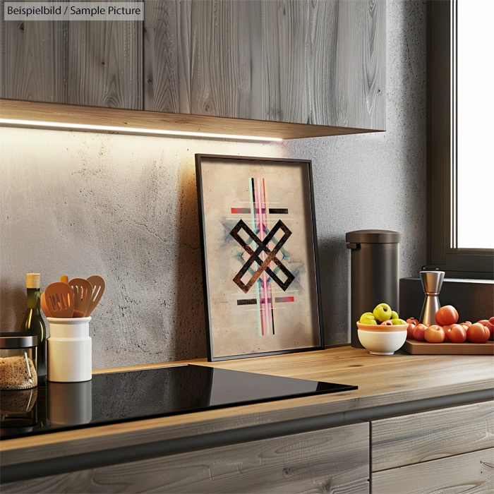 Modern kitchen with wooden cabinets, abstract framed art, assorted fruit bowl, and kitchen utensils on the countertop.