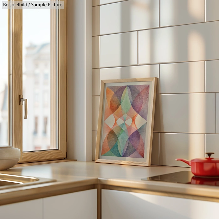 Modern kitchen corner with a framed geometric art piece, red kettle on stove, and tiled backsplash near a window.