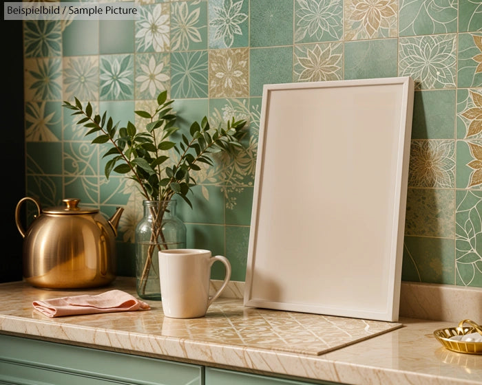 Kitchen scene with a blank picture frame, green tile background, teapot, mug, and leafy plant in a glass vase.