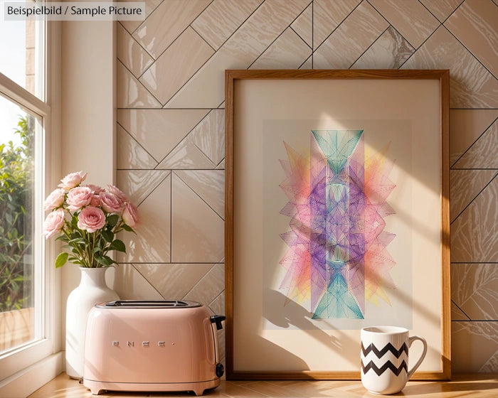 Kitchen interior with pink toaster, floral vase, zigzag mug, and geometric art framed against tiled wall.