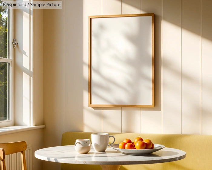 Sunny breakfast nook with round table, tea set, and bowl of peaches beneath empty wooden-framed picture on wall.