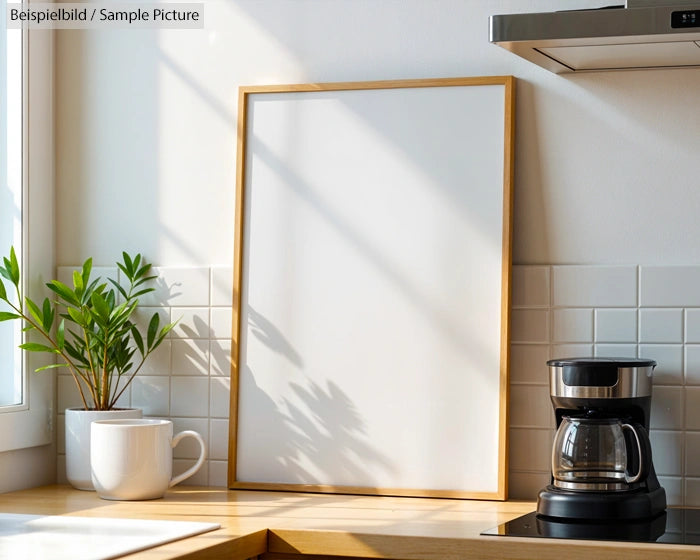 Bright kitchen corner with a framed blank canvas, coffee mug, plant, and coffee maker on a wooden counter.