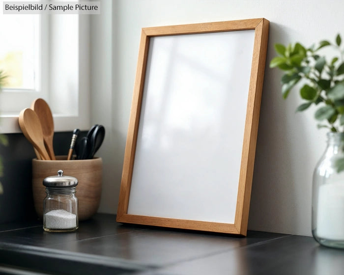 A wooden-framed blank canvas on a kitchen counter beside utensils and a small jar of sugar, with greenery nearby.