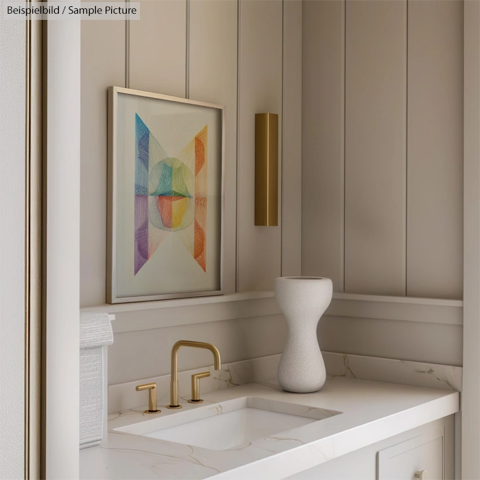 Modern bathroom with marble sink, gold faucet, abstract art, and sculptural white vase on counter.