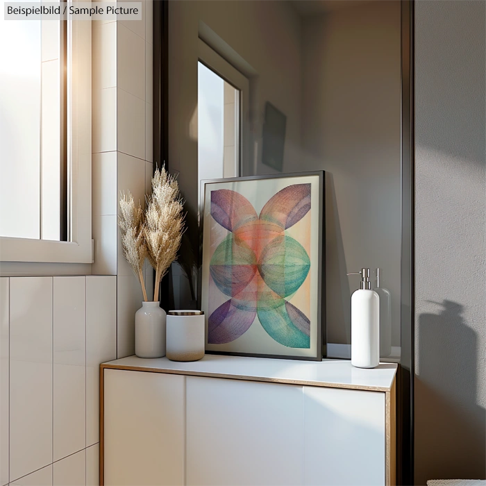 Modern bathroom interior with abstract artwork, decorative dried plants, and sunlight streaming through a window.