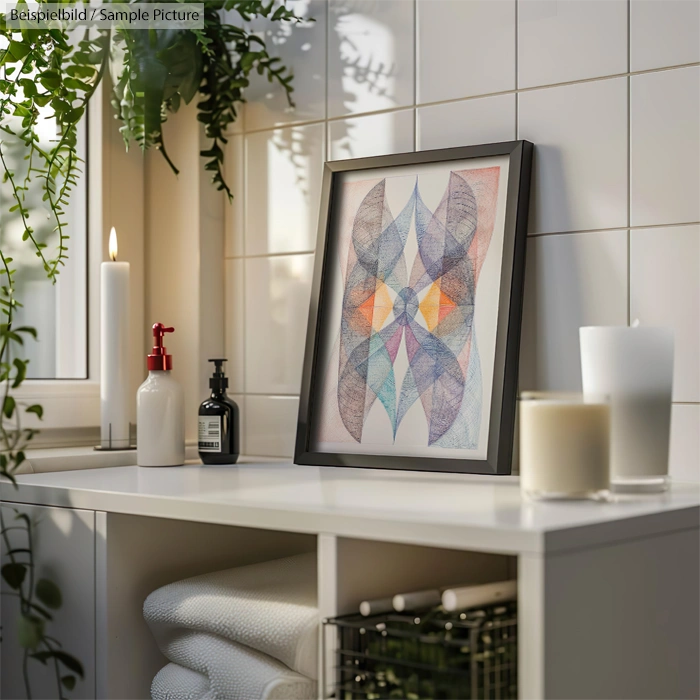 Framed abstract art on bathroom shelf with candles, plants, and grooming products.