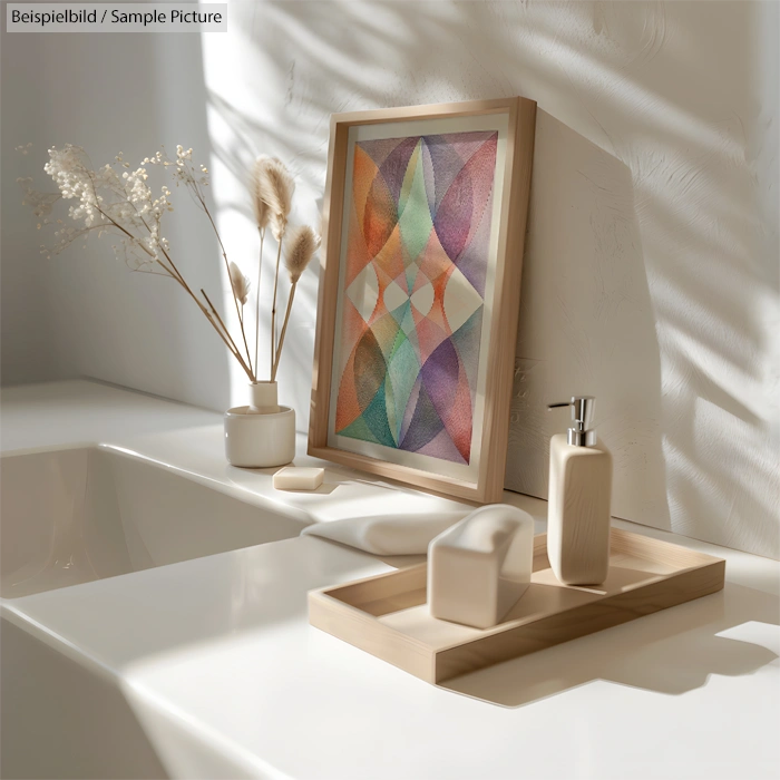 Minimalist bathroom with white decor, abstract art, and wooden tray with soap dispenser on counter.