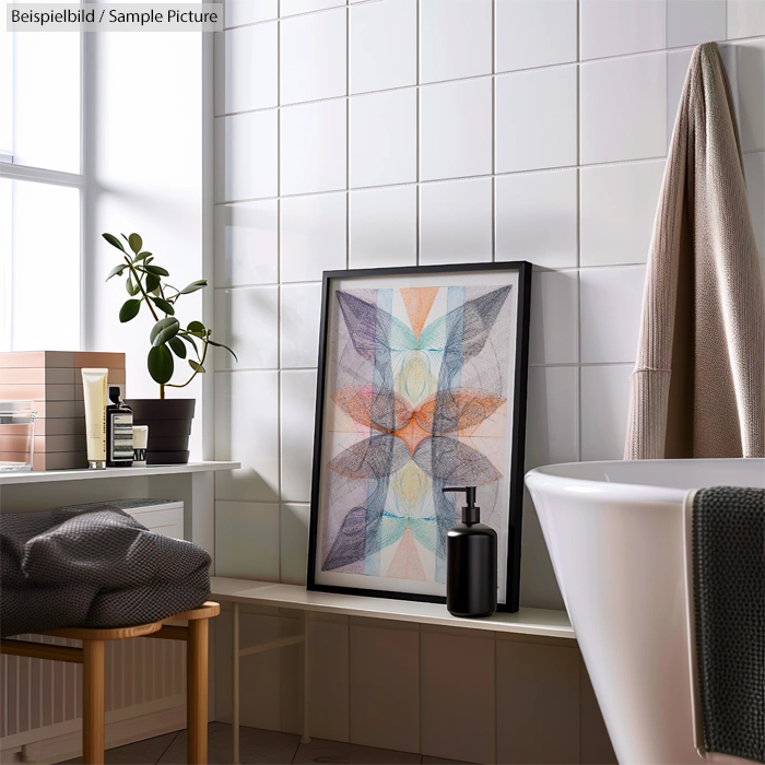 Modern bathroom with abstract art, bathtub, plant, and toiletries on a shelf.