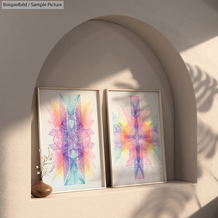 Two framed abstract art pieces with colorful geometric designs on a sunlit arched shelf.